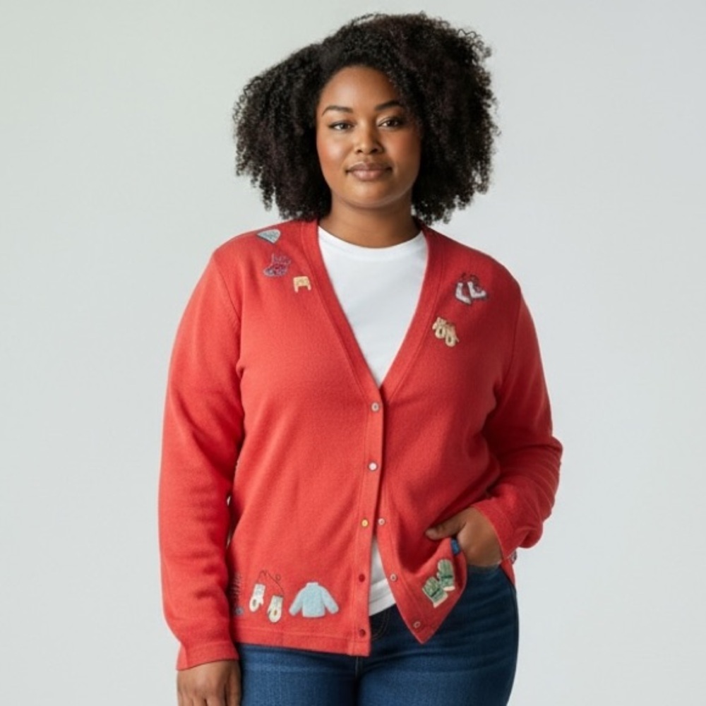 Vintage 2003 Christopher & Banks Coral Knit Cardigan with Winter Motif